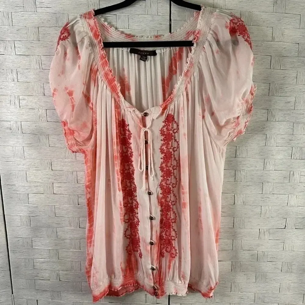 Fever,‎ Pink coral peasant blouse top embroidered in great condition, sizeXL